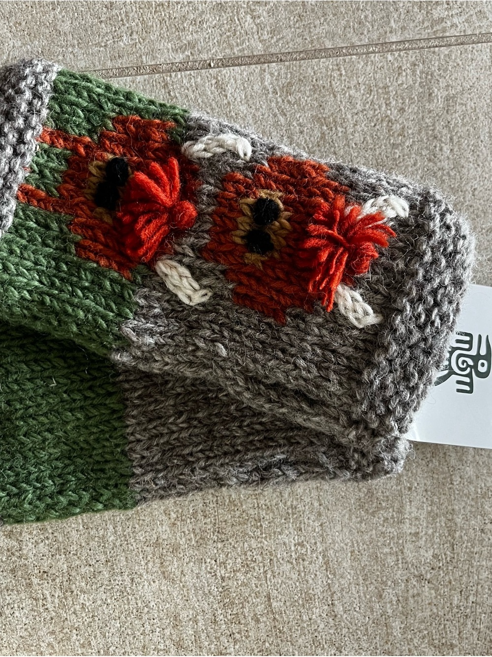 Hand-Knit Women’s Mittens with Red Flower Accent - Brown & Green